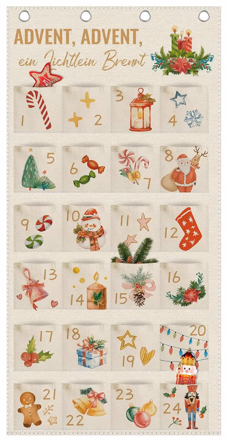 Calendario dell'Avvento in tessuto, con 24 scomparti, dimensioni 120x60 cm