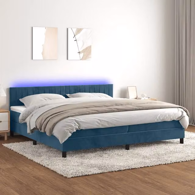 Letto Ibrido vidaXL con Materasso, Illuminazione LED Sotto il Letto e Porte USB, Rivestimento in Velluto Blu e Bianco, L/P: 200 x 200 cm – 1