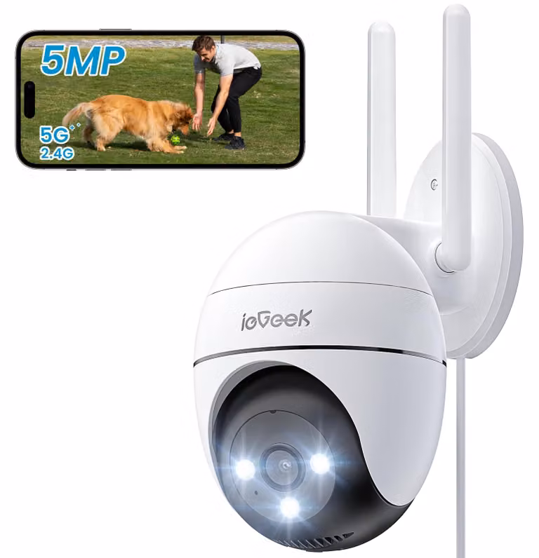 Telecamera da esterno Wi-Fi da 5 MP - Rotazione a 360° - Visione notturna a colori fino a 15 metri - Rilevamento movimento tramite sensore PIR