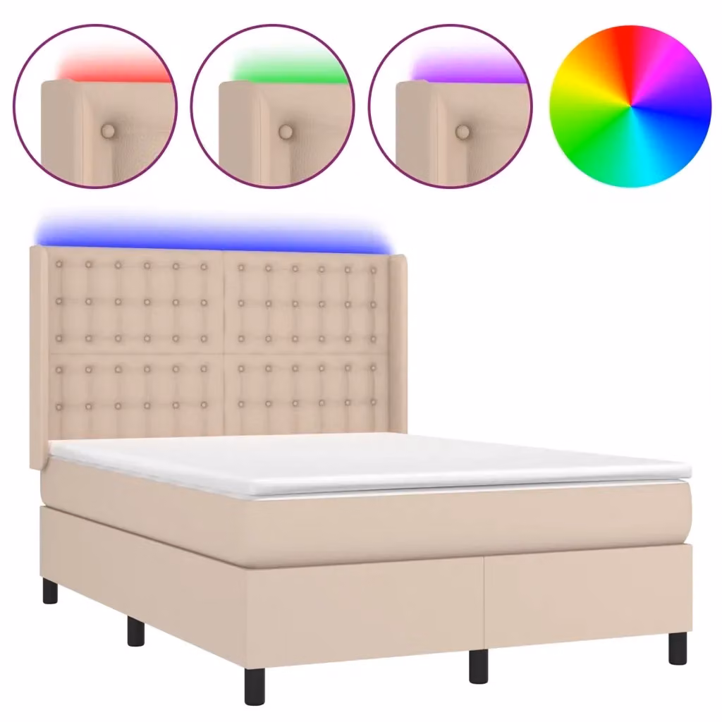 vidaXL Letto con Giroletto a Molle, Materasso Ibrido e Illuminazione LED, Colore Cappuccino, L/P: 140 x 190 cm – 2