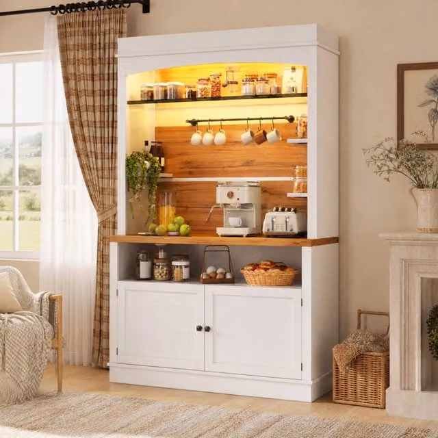 Credenze alte da cucina con LED RGB, 2 pezzi con ripiano in vetro e 6 ganci, bianche, 107 × 34 × 184 cm
