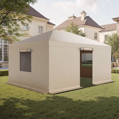 Copertura Invernale per Gazebo Rigido Vevor Beige con Pareti Laterali e Finestre in Rete, L/P: 370 x 492 cm