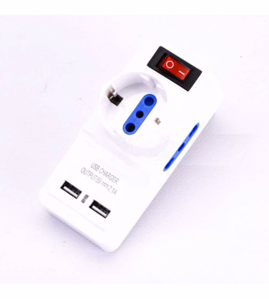 Adattatore V-TAC a 2 vie con presa Italiana e Schuko, interruttore e 2 porte di ricarica USB 2.1A, colore bianco