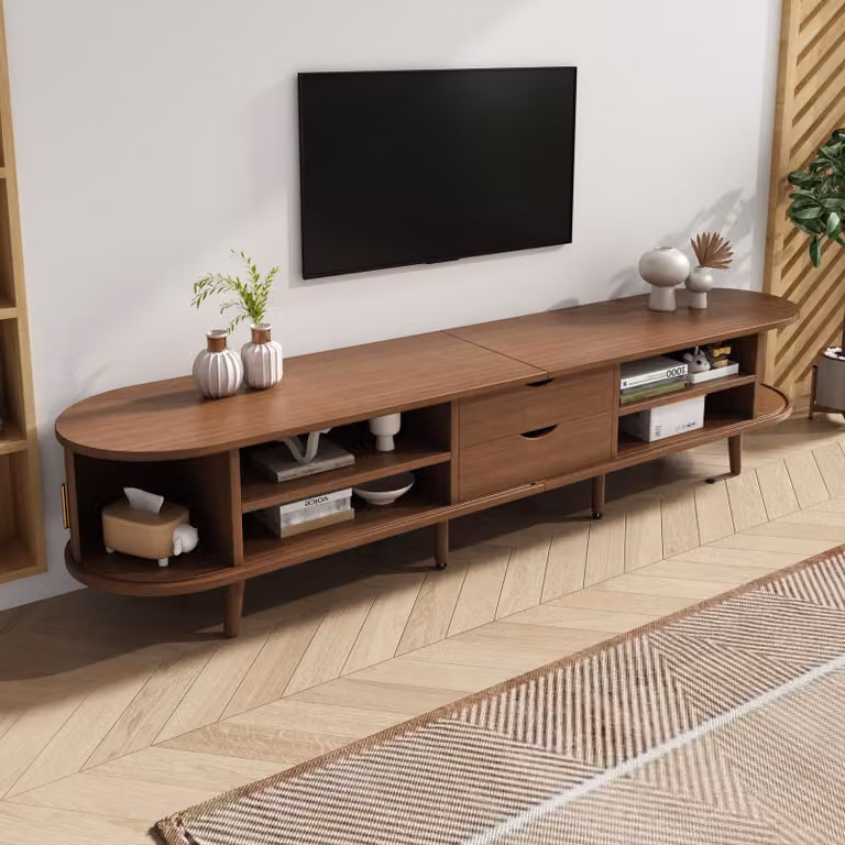 Mobile TV STILVORA con 2 ante scorrevoli a 180 gradi e piano del tavolo rotondo, mobile basso TV con 2 cassetti e ripiani, mobile TV in MDF, color marrone