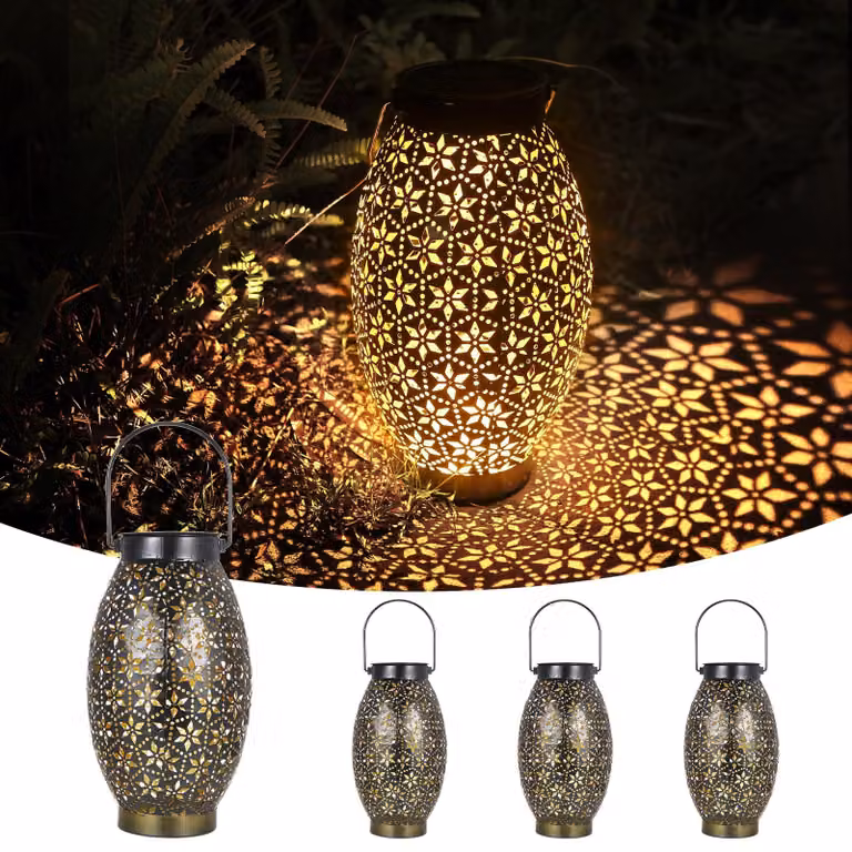 Set di 4 lanterne solari a LED, grado di protezione IP65, in metallo, luce bianco caldo, stile orientale