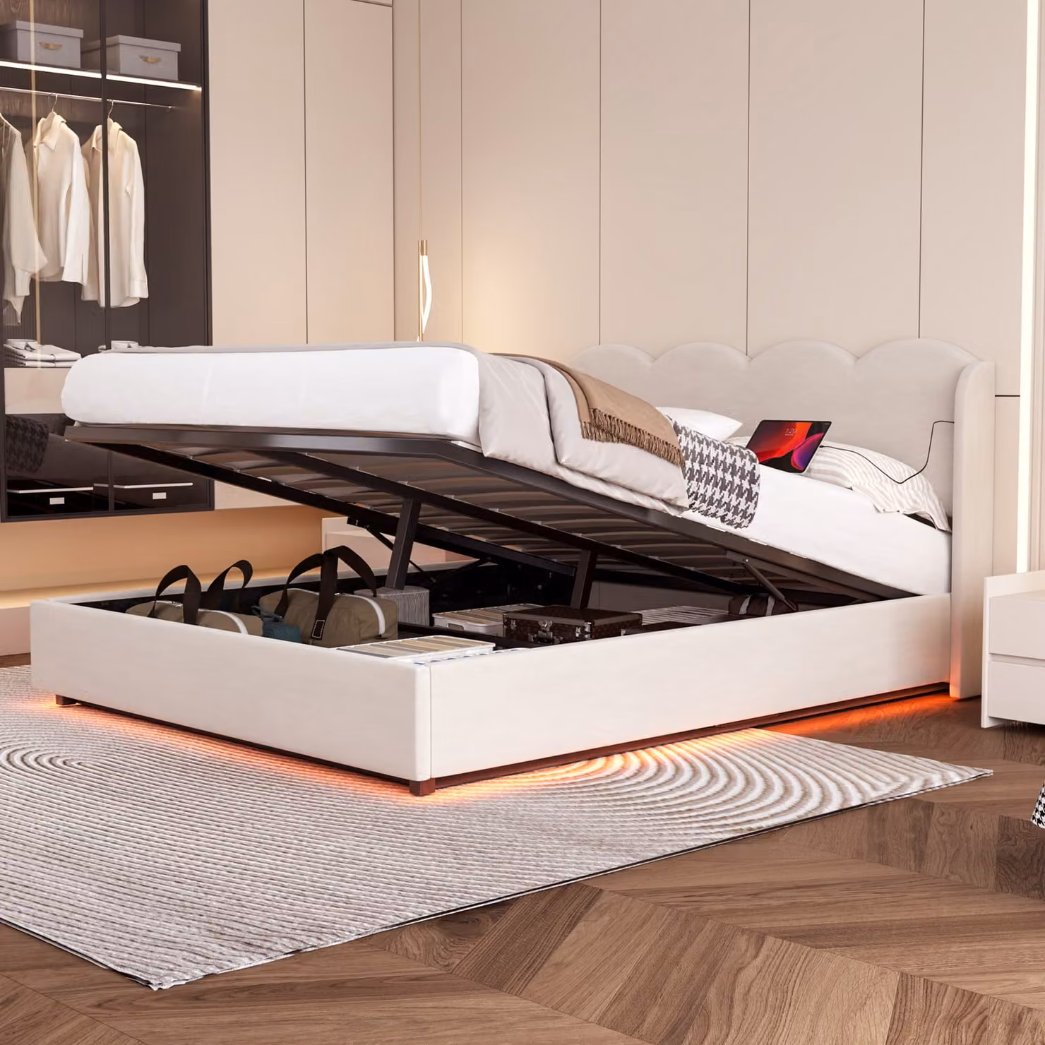 Letto imbottito AIORBER, 160x200cm, ondulato, tessuto vellutato, con luce LED, connessione USB+C, letto matrimoniale, ampio spazio di archiviazione, elevata capacità di carico, beige (senza materasso)