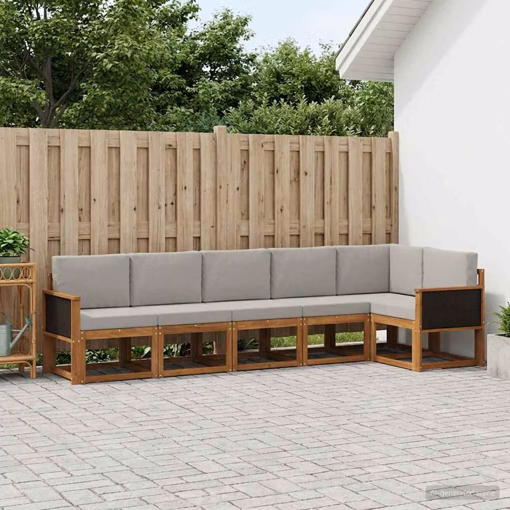 Set di divani da esterno vidaXL a forma di L in legno di acacia con cuscini, 6 pezzi, Beige e Grigio