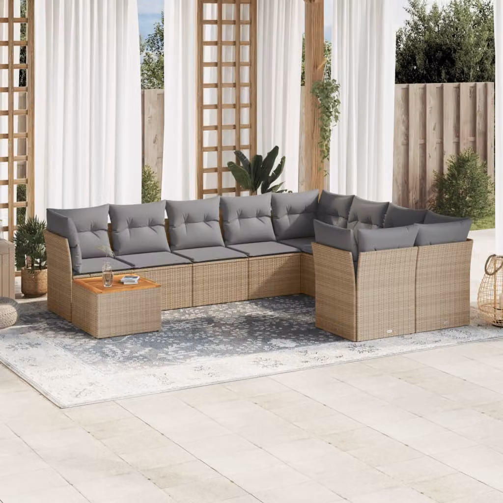 vidaXL Set Divano da Giardino 10 pz a Forma di L con Cuscini Beige e Tavolino da Caffè in Polyrattan e Acciaio – 1