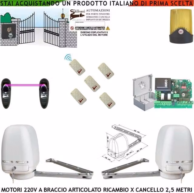 Automazione 2 Motori Braccio Articolato 220 V 250 NM Cancello Elettrico 5 Metri 2 Ante da 0,5 a 2,5 Metri Centrale CBR 5 Radiocomandi Fotocellule Selettore