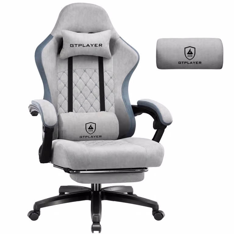 Sedia da gaming GTPLAYER, rivestita in tessuto, con imbottitura a molle indipendenti, sedia girevole ergonomica, sedia da gaming con poggiapiedi, capacità di carico fino a 150 kg, colore grigio