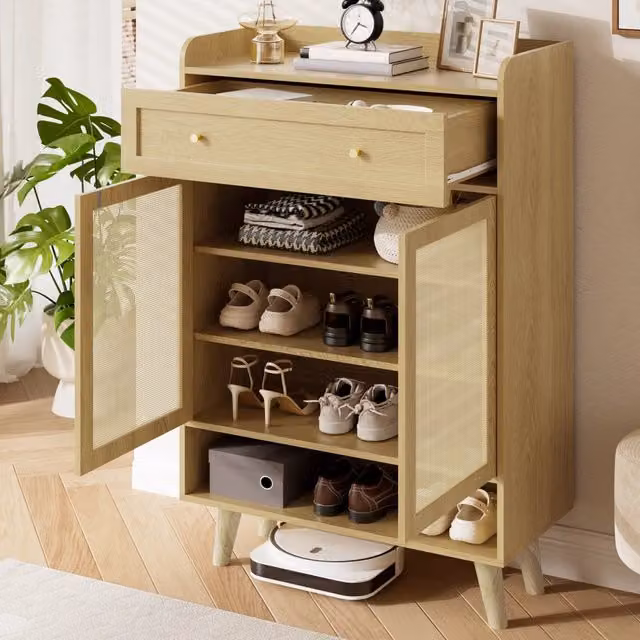 Scarpiera moderna WISHDOR in legno con ante e cassetto, colore rovere beige, L: 80 cm, H: 105 cm, P: 35 cm