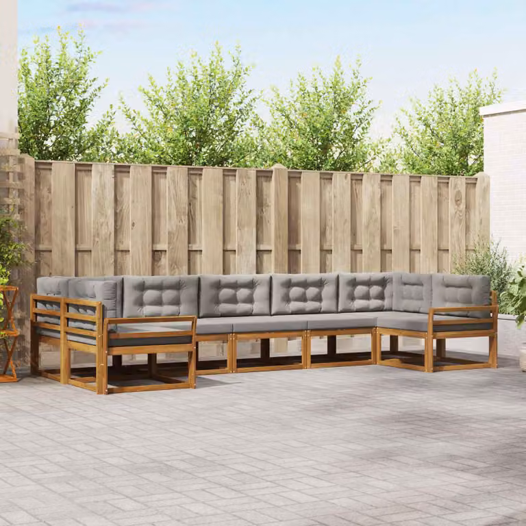 Set di divani da esterno vidaXL a forma di U composto da 7 pezzi in legno di acacia con cuscini inclusi, colore grigio e marrone