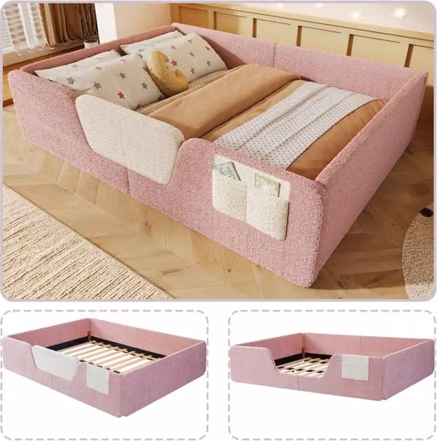 Letto imbottito con sponda 140x190 cm velluto rosa