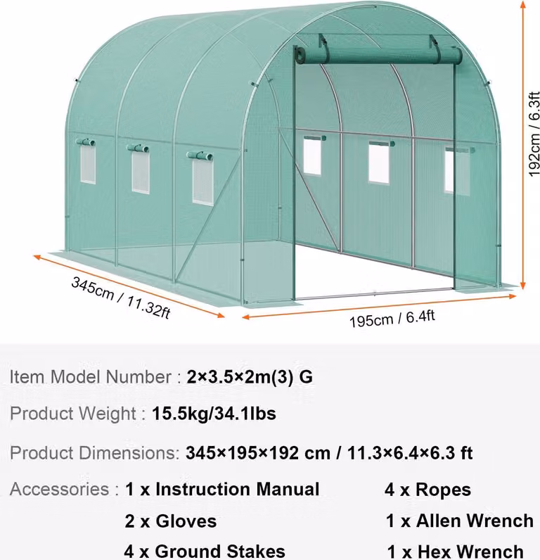 Serra, struttura robusta, ventilazione efficiente, 12x7x7 ft