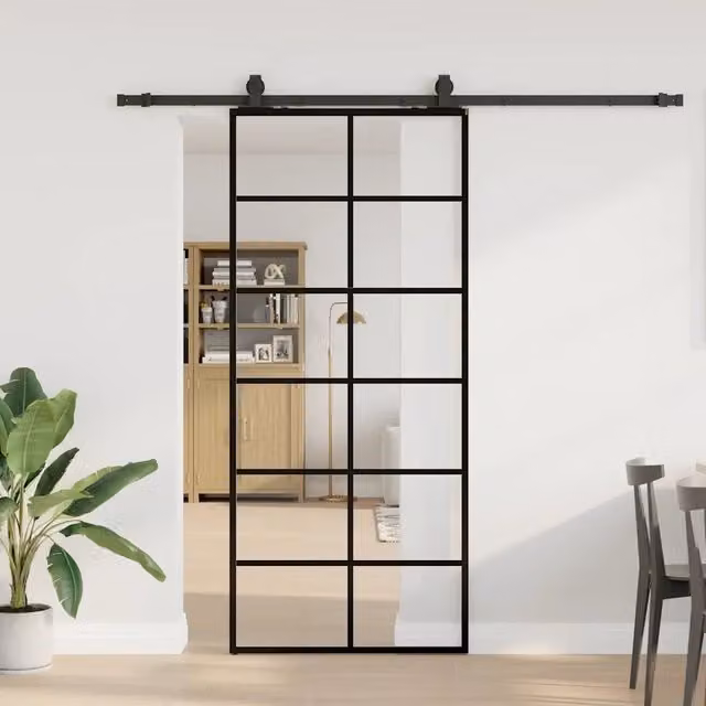 Porta Scorrevole Moderna VIDAXL in Vetro Trasparente con Ferramenta Nera e Alluminio L: 90 cm, H: 205 cm – 1