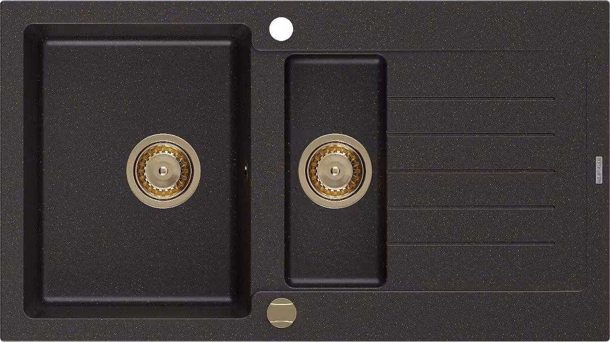 Mexen Matias lavello in granito 1,5 vasche con gocciolatoio 900 x 505 mm, nero/oro metallico, sifone oro - 6502901505-75-G