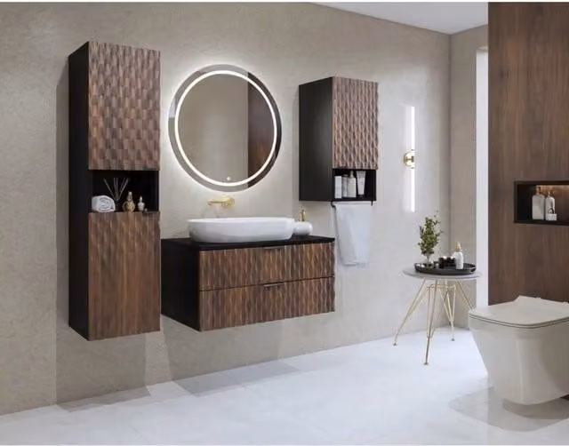 Set di 3 mobili per bagno KING – Rovere scuro e nero - 80 cm