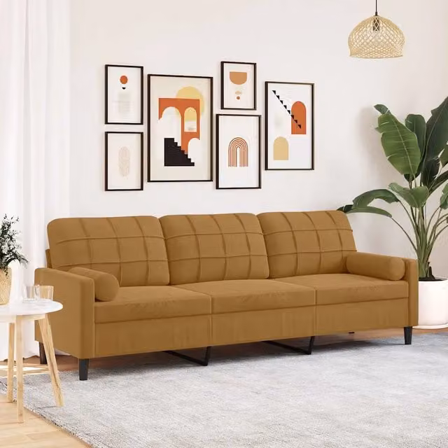 Divano a 3 posti moderno vidaXL in velluto marrone con cuscini e coperture rimovibili L: 226 cm, P: 80 cm, H: 77 cm