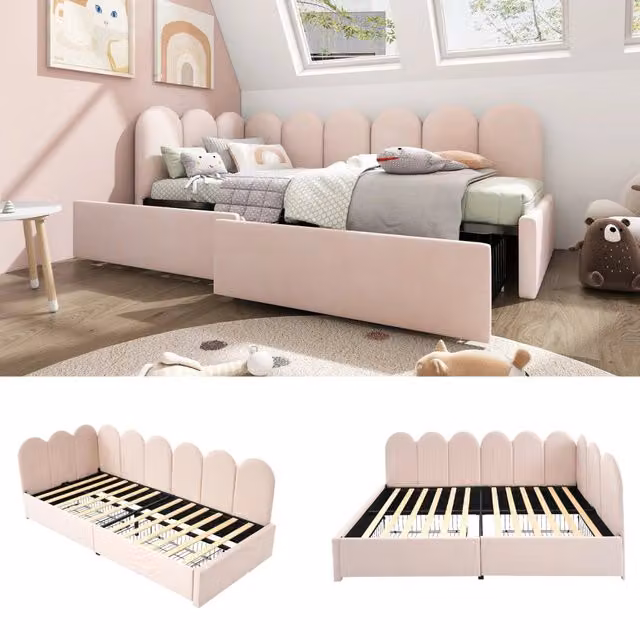 Letto singolo con cassettoni funzione divano in velluto rosa 90x190 cm
