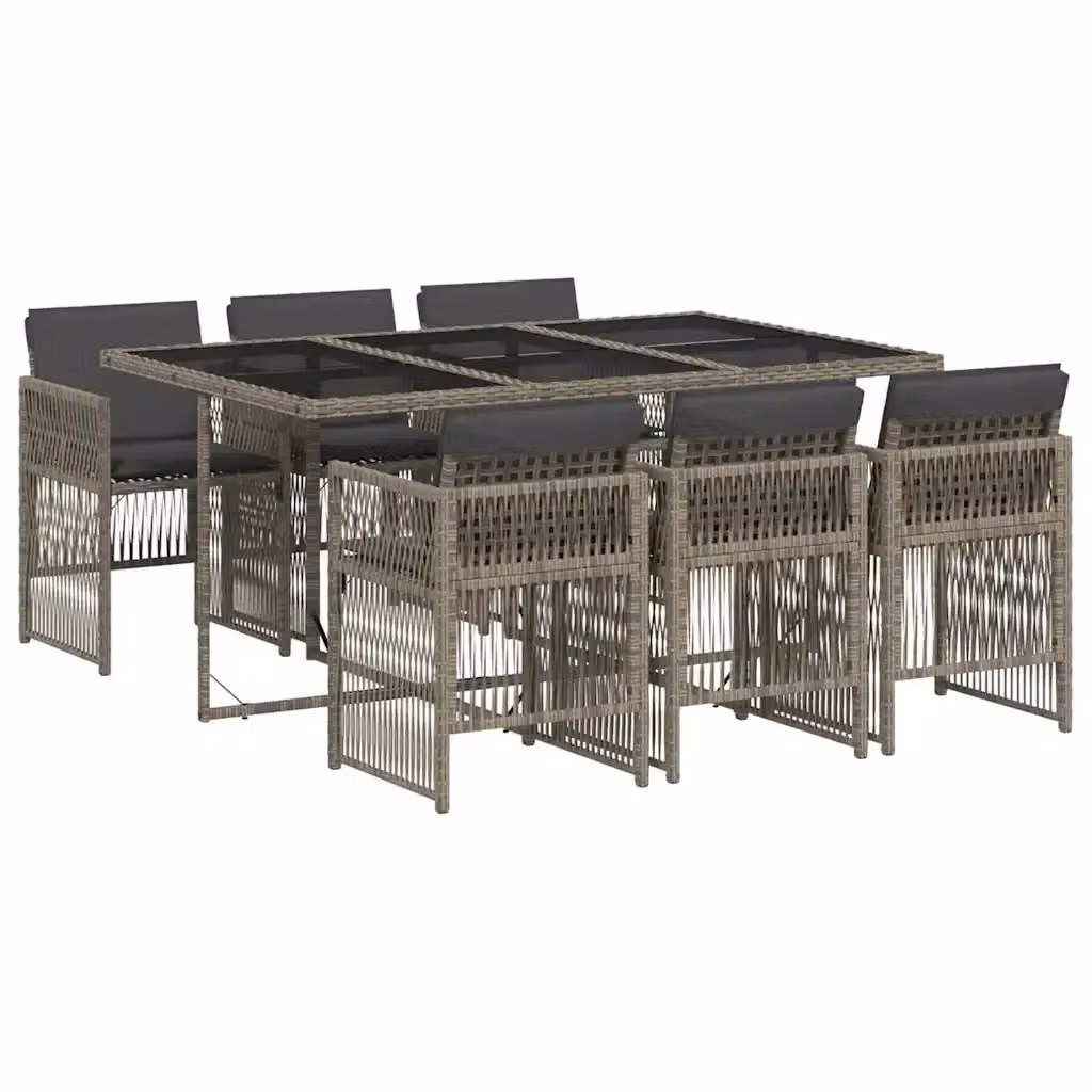 Set da Pranzo da Giardino vidaXL in Polyrattan Grigio e Nero con 7 Pezzi e Cuscini e Tavolo in Vetro – 2