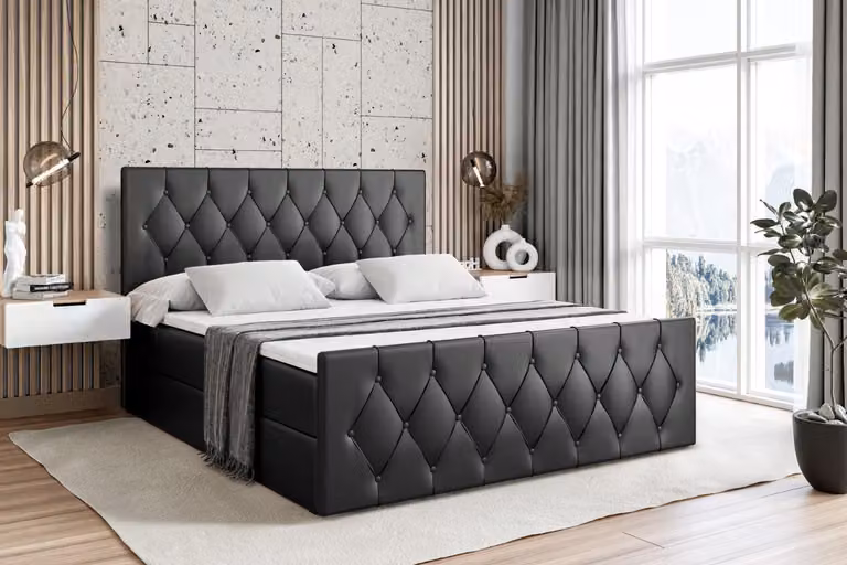 Letto boxspring ALTDECOR con materasso e rete a doghe - - VELANTO - 120x200 cm, ecopelle nera - Letto boxspring, pediera, topper, letto imbottito con contenitore, letto con contenitore H4 - Materasso, letto matrimoniale, letto boxspring