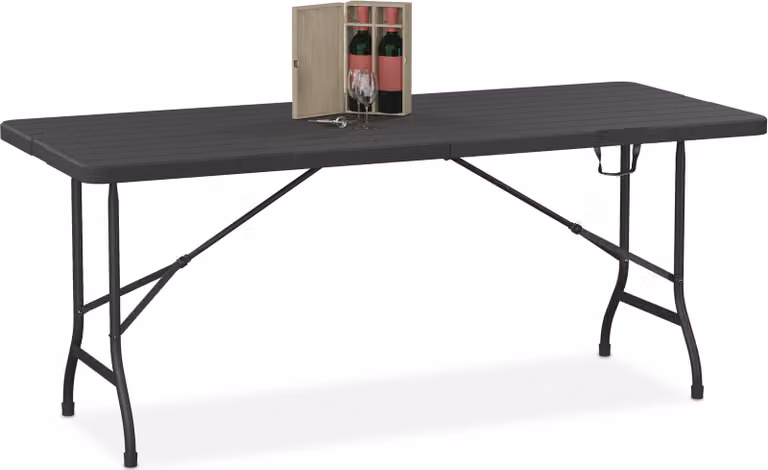 Tavolo da giardino Relaxdays, pieghevole, L x P x A: 73 x 180 x 74 cm, plastica, acciaio, resistente alle intemperie, effetto legno, tavolo da campeggio, nero