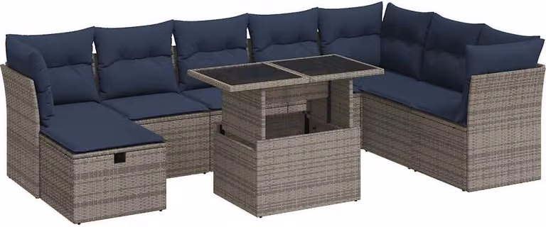 Set Divano da Giardino 9pz con Cuscini Grigio Polyrattan Acacia