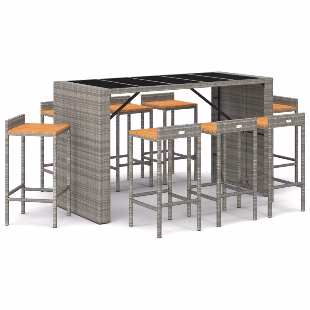 Set Bar Giardino 9pz Grigio Polyrattan e Legno Massello Acacia