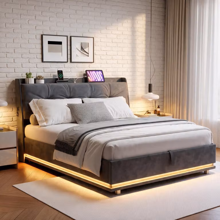 INONEFT Letto contenitore con molle insacchettate, 140x200 cm, con luci LED e caricabatterie USB, letto idraulico con contenitore, letto imbottito con spazio contenitore/rete a doghe, in velluto, colore grigio