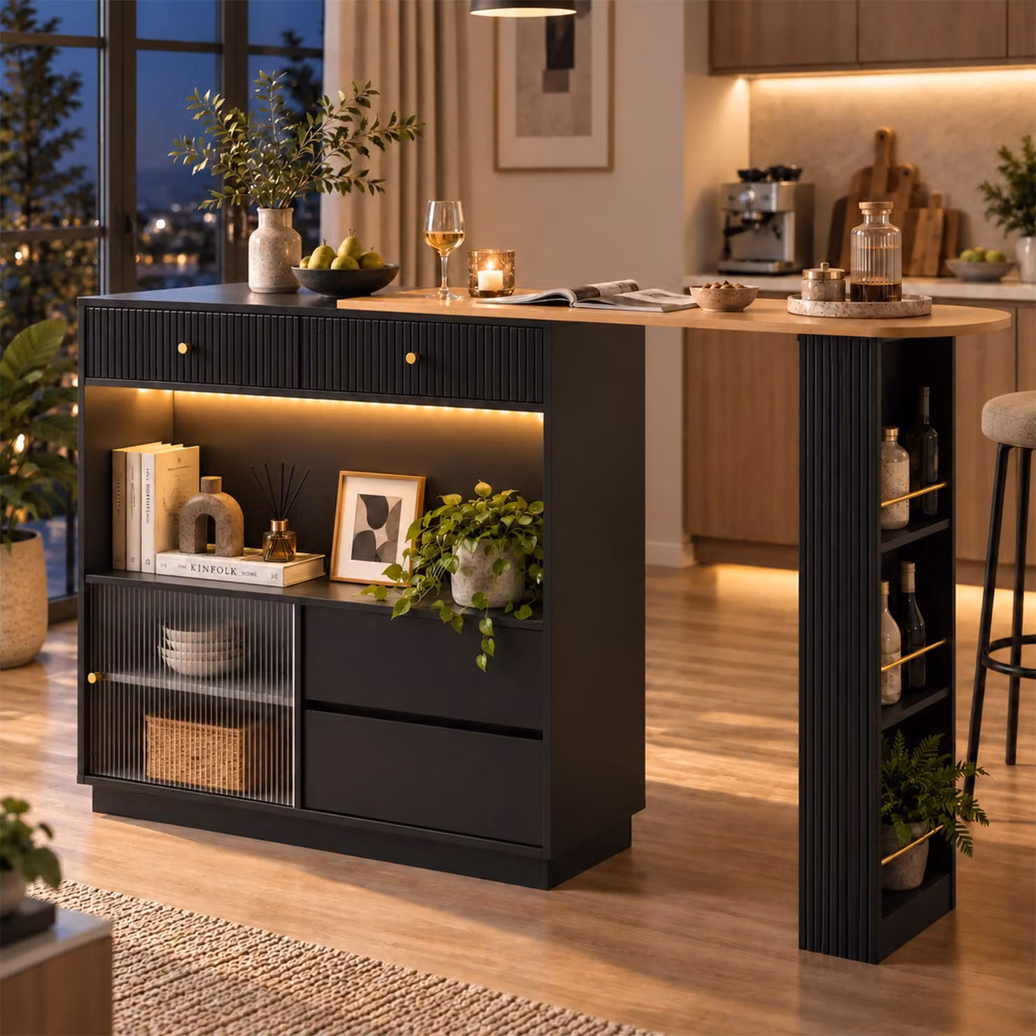 Isola da cucina estendibile con illuminazione a LED, bancone bar girevole a 360° con porta scorrevole in acrilico, tavolo da bistrot con piano di lavoro multifunzionale, colore nero