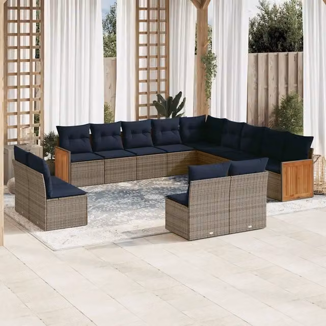 Set di Divani da Giardino vidaXL a Forma di U con 13 Pezzi, Polyrattan e Legno di Acacia, Grigio e Blu con Cuscini Inclusi – 1