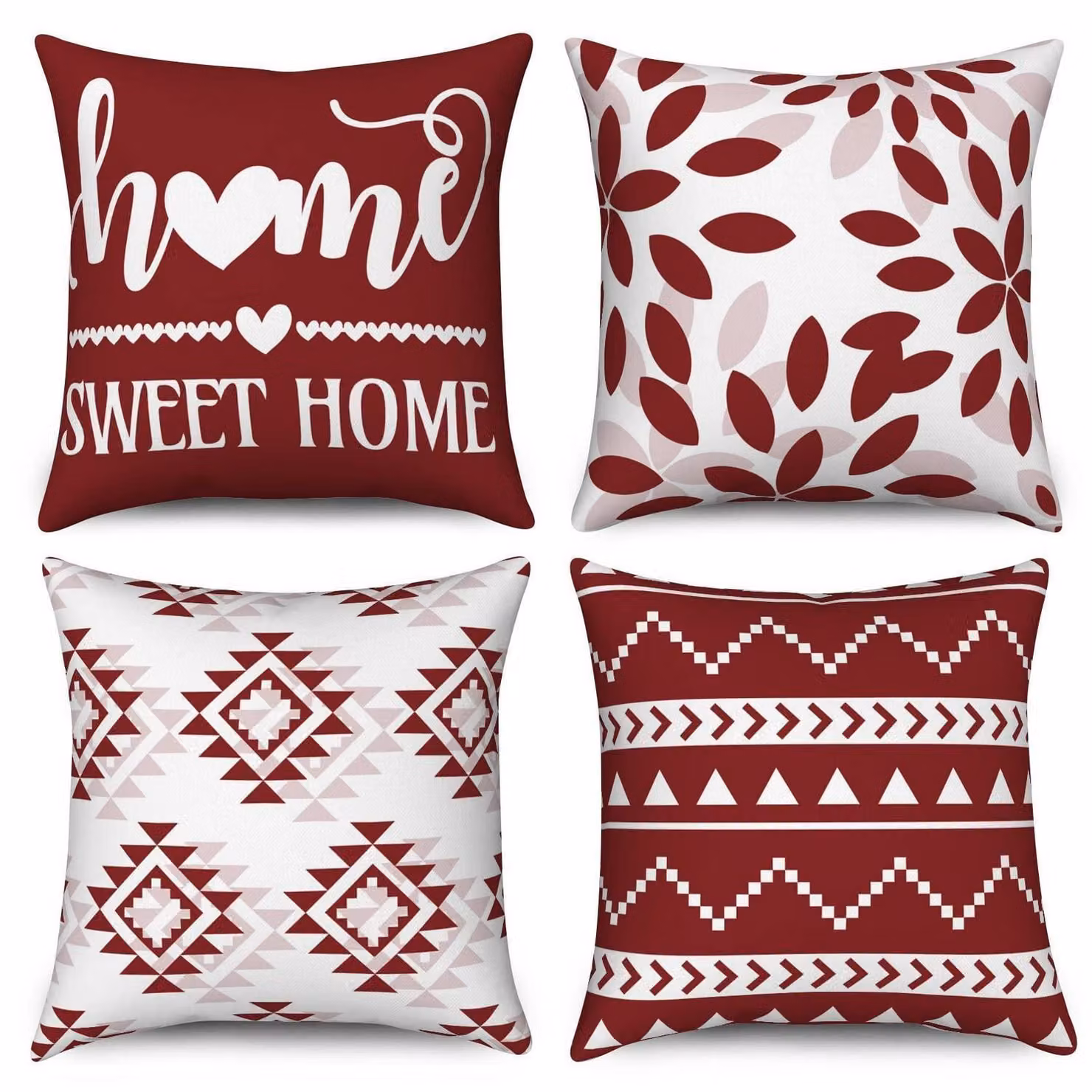 Cuscini decorativi, fodere rosse e bianche, 40x40 cm, set da 4, in lino, motivo geometrico, adatti per divano, letto, giardino e uso esterno