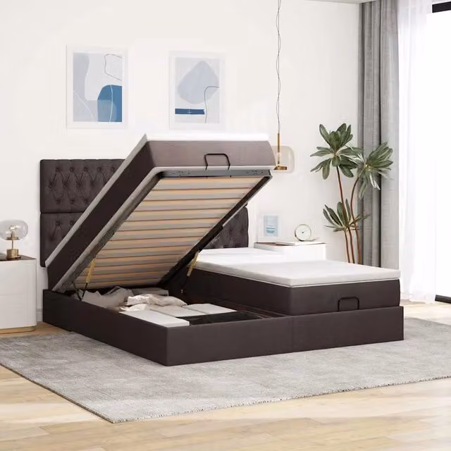 Letto con contenitore a sollevamento vidaXL in tessuto marrone e bianco L: 200 cm, P: 200 cm, H: 280 cm