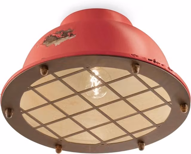 Plafoniera Industrial Ferro E Ceramica Vintage Rosso 1 Luce E27