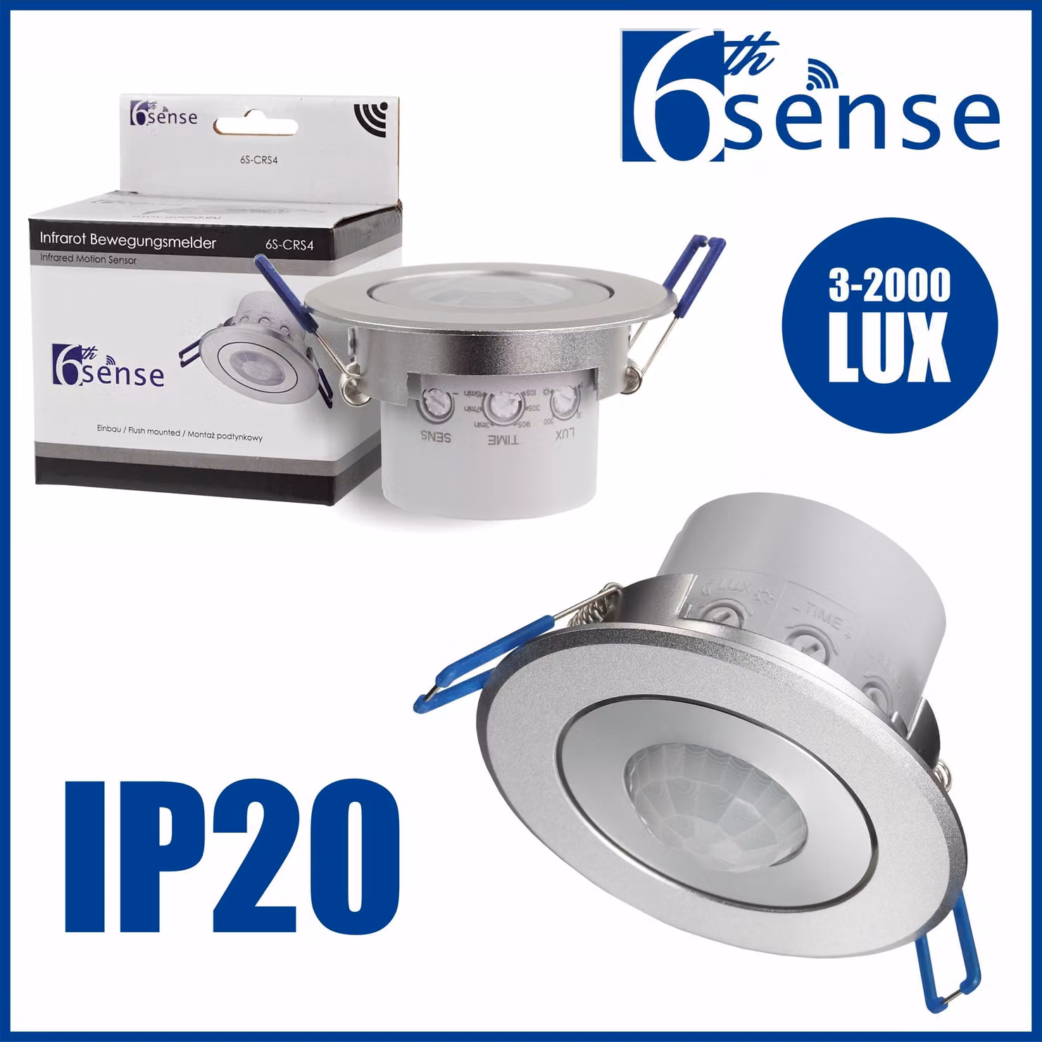 Sensore di movimento da incasso, modello Eben, a soffitto, con copertura a 360°, tecnologia PIR a LED, portata 6 metri, design piatto, da installare a filo muro, colore argento