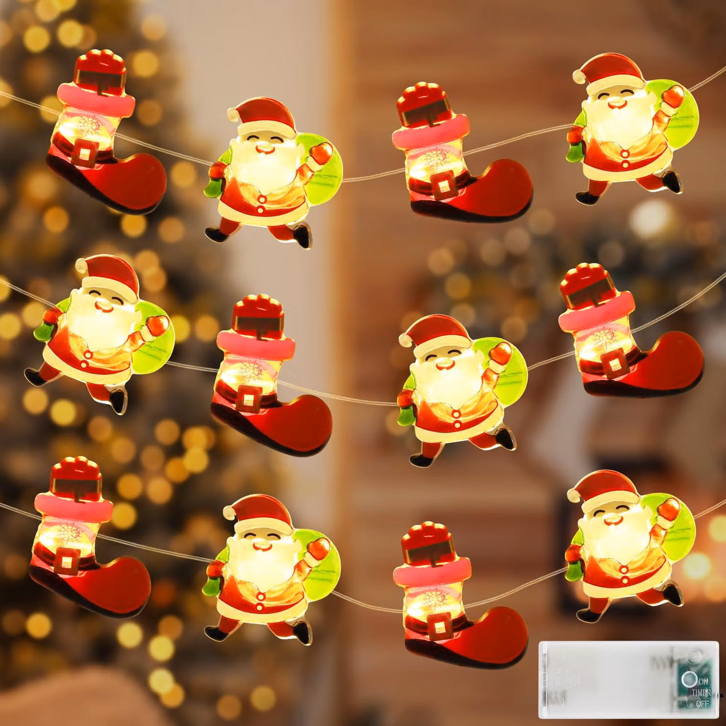 Catena luminosa natalizia, lunghezza 2,3 metri, 20 LED, luce bianco caldo, decorazione a forma di Babbo Natale, con timer