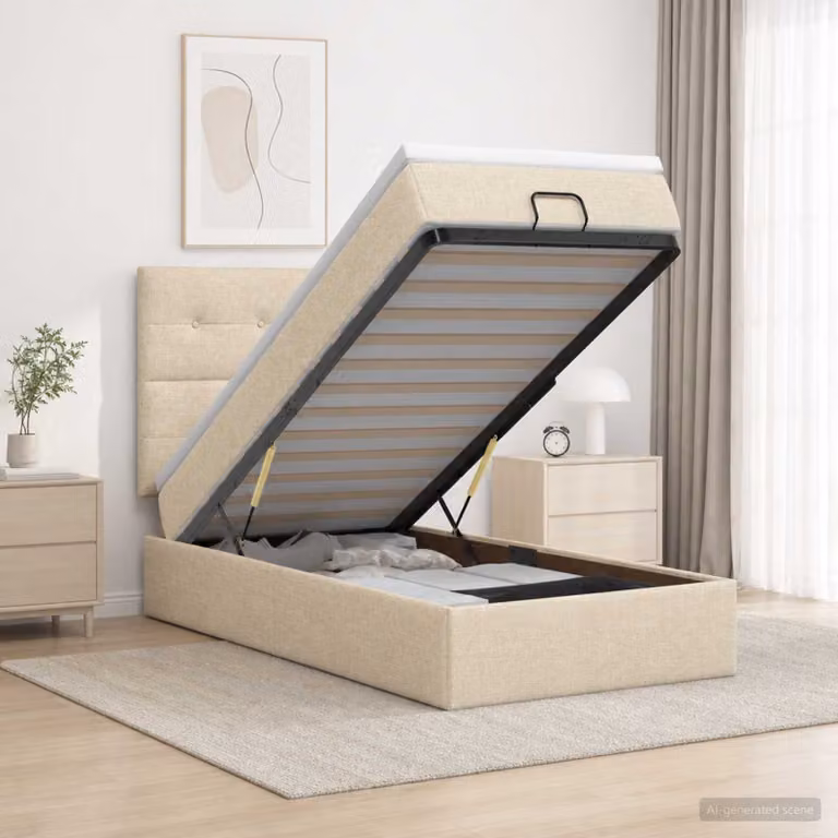 Letto ottomano con materasso vidaXL in tessuto beige e bianco, L/P/H: 200 x 90 x 140 cm