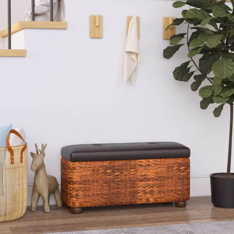 Set di 2 panche portaoggetti con cuscino vidaXL Tifa in rattan e similpelle marrone L: 69 cm