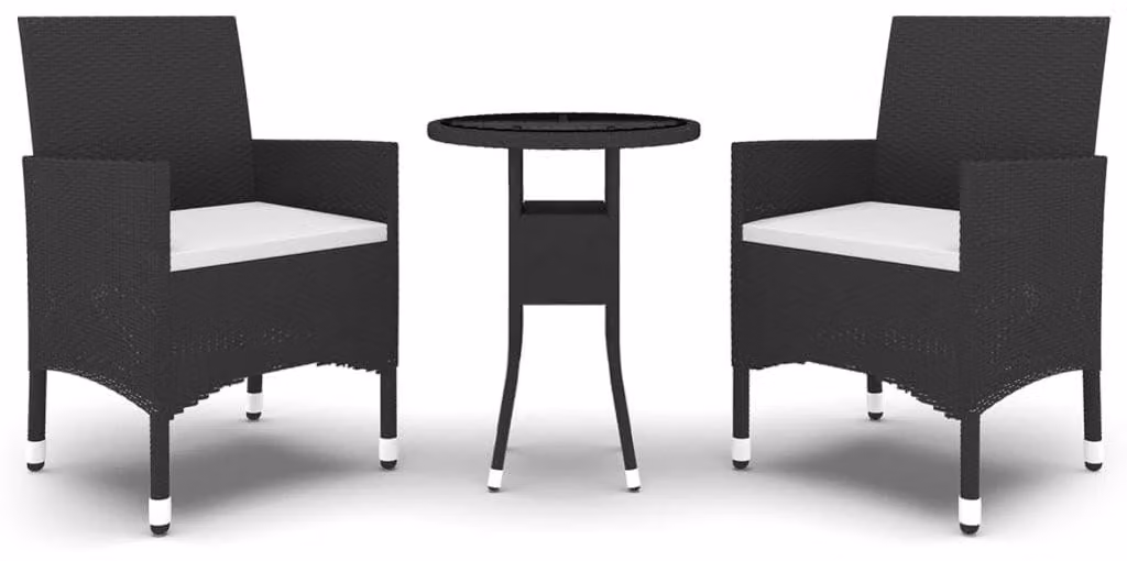 Set da giardino composto da 3 pezzi, in rattan sintetico nero, con tavolo in vetro