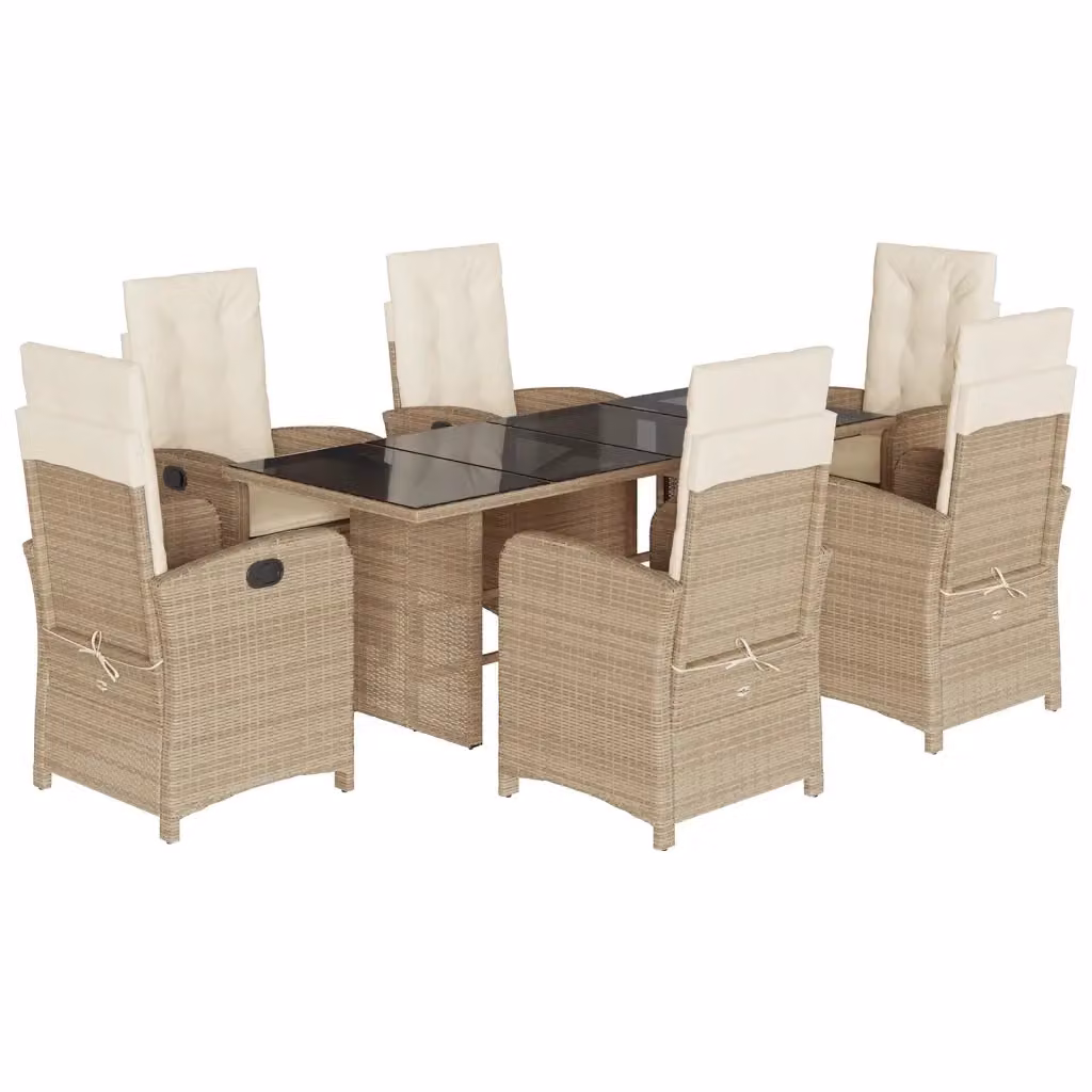 Set da Pranzo da Giardino vidaXL in Polyrattan con Cuscini Beige e Tavolo in Vetro, 7 Pezzi – 2