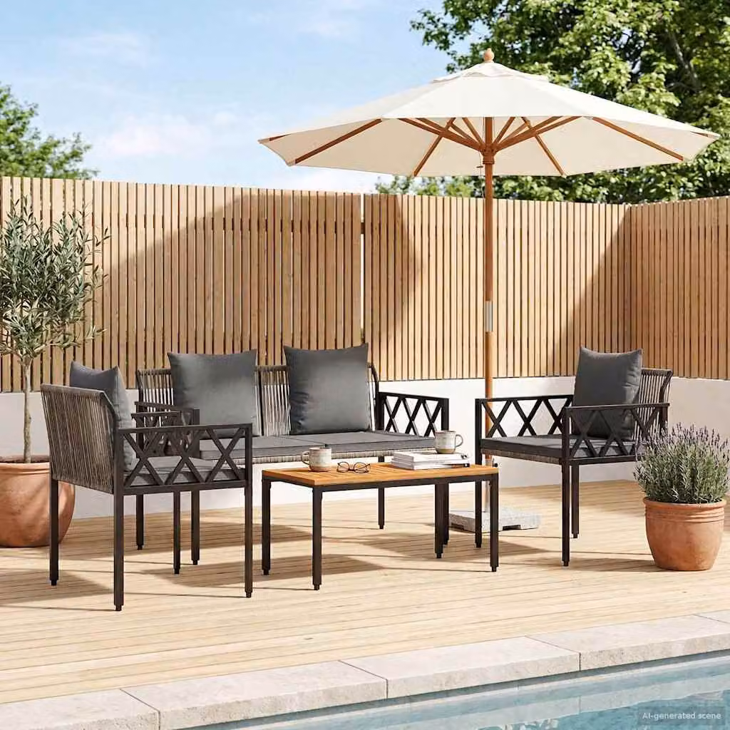 Set di mobili da esterno vidaXL in 4 pezzi in polyrattan con tavolo in legno di acacia color grigio e antracite