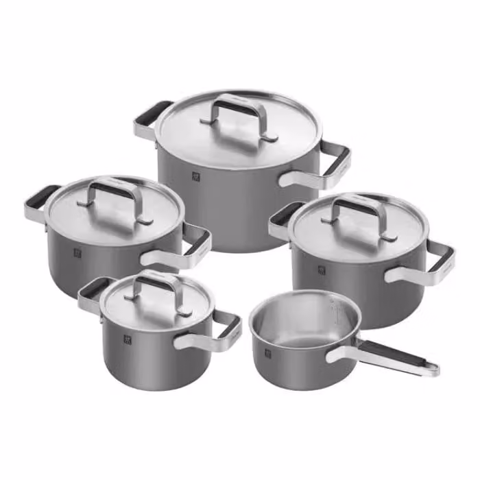 Batteria pentole Zwilling - Set di 5 pezzi di pentole e padelle Pure grigie in acciaio inox per induzione
