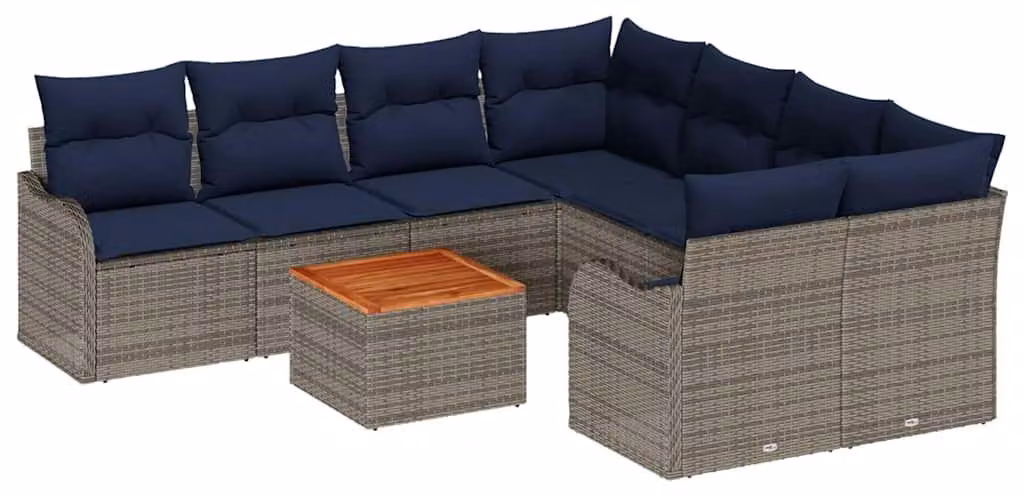 Set di divani da giardino, 9 pezzi, colore grigio, in rattan sintetico