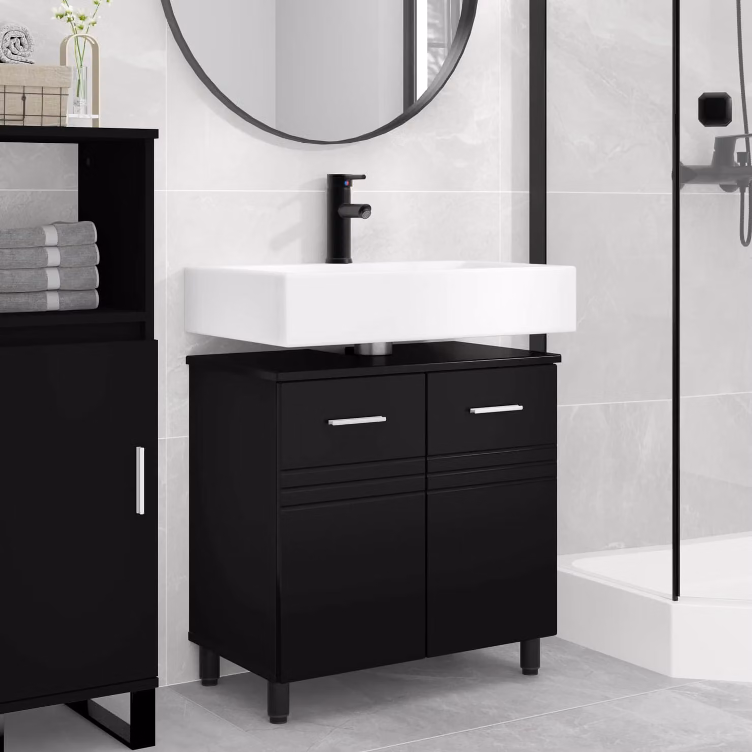 vidaXL Mobiletto da bagno moderno in MDF nero con ante a cerniera L: 60 cm, P: 35 cm, H: 60 cm