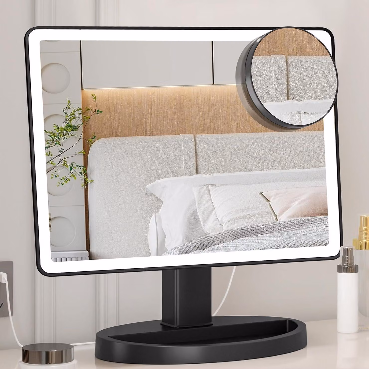 Specchio da trucco illuminato con 88 LED, 3 colori, ingrandimento 10x e rotazione a 360°