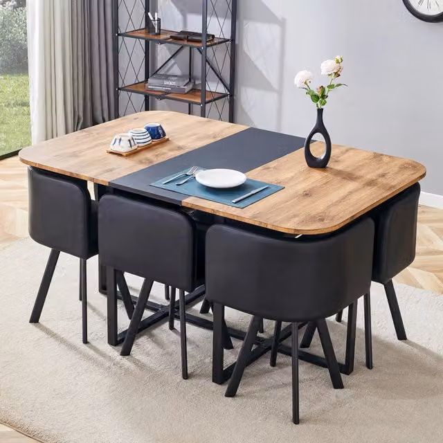 Set tavolo e sedie da pranzo estensibile per 4-6 persone in MDF metallo e PU nero effetto legno
