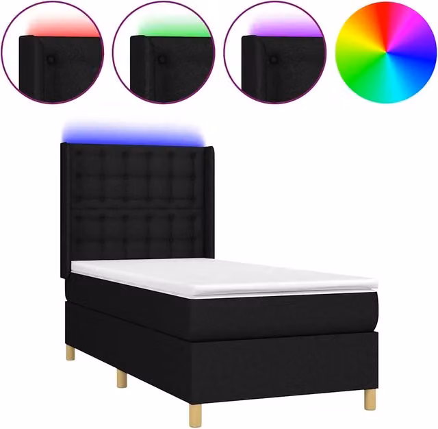 Letto singolo moderno con materasso a molle, illuminazione LED sottostante e porta di ricarica USB, rivestimento in tessuto nero, L/P/H: 200 x 80 x 33 cm