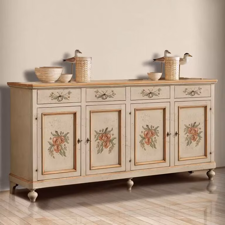 Madia credenza in legno stile provenzale laccata a mano con decoro floreale bianca Mobili 2G L: 198 cm, P: 55 cm, H: 107 cm