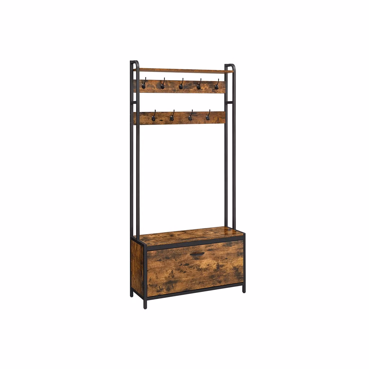 Appendiabiti con Scarpiera a Ribalta Ganci e Mensola Superiore, Marrone Vintage + Nero / 9 Ganci (30 x 85 x 180 cm)