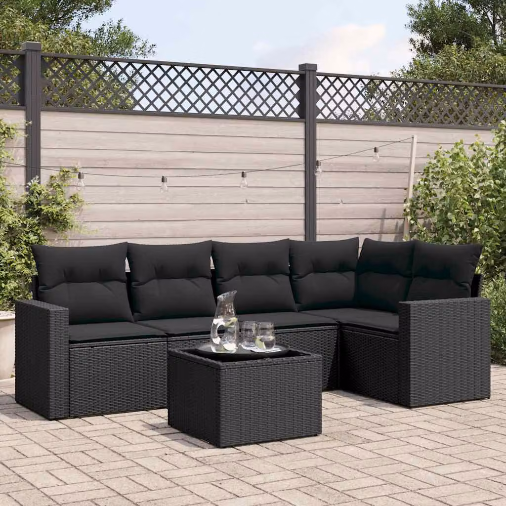 vidaXL Set Divano da Giardino 6 pz a L con Cuscini Nero in Polyrattan e Tavolino da Esterno – 1